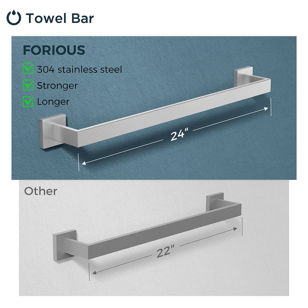 FORIOUS 4 Pieces Bathroom Hardware Accessories Set, Square 24 inch Towel Bar Set, SUS304 Stainless Steel Towel Rack Holder Set Wall Mounted, Matte Black