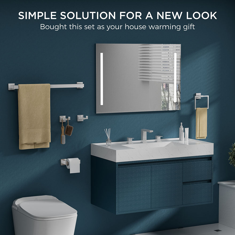 FORIOUS 4 Pieces Bathroom Hardware Accessories Set, Square 24 inch Towel Bar Set, SUS304 Stainless Steel Towel Rack Holder Set Wall Mounted, Matte Black