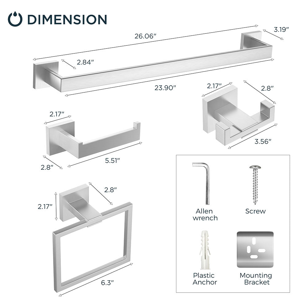 FORIOUS 4 Pieces Bathroom Hardware Accessories Set, Square 24 inch Towel Bar Set, SUS304 Stainless Steel Towel Rack Holder Set Wall Mounted, Matte Black
