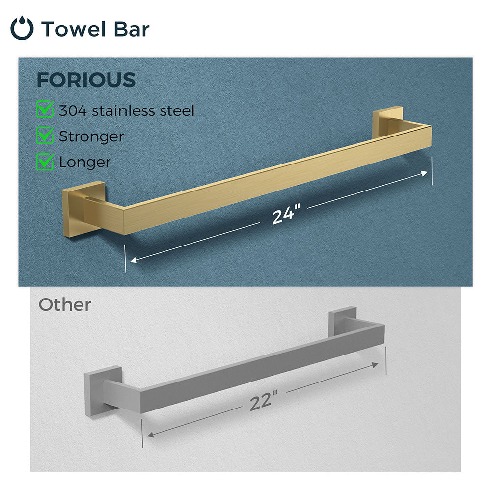 FORIOUS 4 Pieces Bathroom Hardware Accessories Set, Square 24 inch Towel Bar Set, SUS304 Stainless Steel Towel Rack Holder Set Wall Mounted, Matte Black