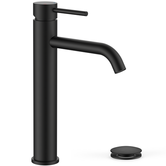 FORIOUS Matte Black Bathroom Vessel Sink Faucet 1 Hole, Tall Bathroom Faucet Single Handle One Hole with Pop Up Drain and Supply Lines, Basin Bowl Vanity Lavatory Residential/Commercial Use