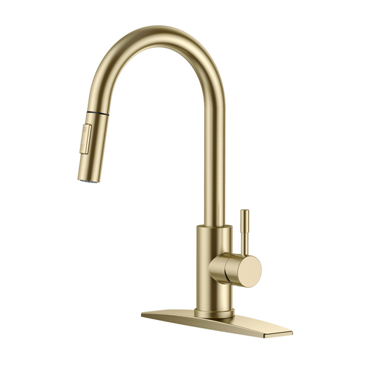 FORIOUS Gold Kitchen Faucet with Pull Down Sprayer, High Arc Modern Classic Sink Faucet Stainless Steel with Deck Fit for 1 or 3 Hole for Pot Filler Bar Farmhouse Laundry Rv, Brushed Champagne Golden