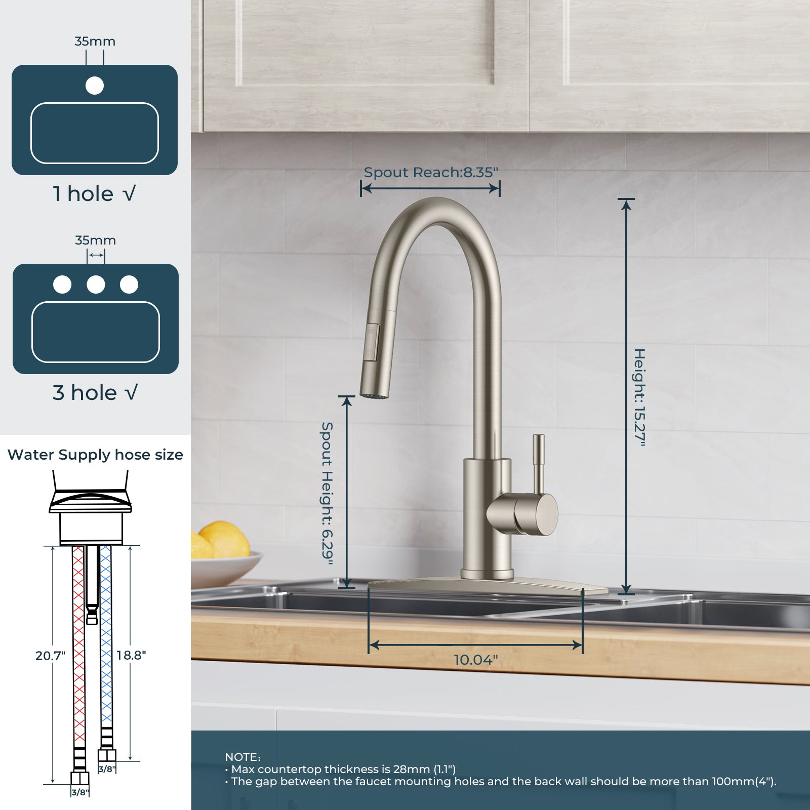 FORIOUS Kitchen Faucet with Pull Down Sprayer, Brushed Nickel High Arc Modern Classic Sink Faucet Stainless Steel with Deck Plate Fit for 1 or 3 Hole for Pot Filler Bar Farmhouse Laundry Rv