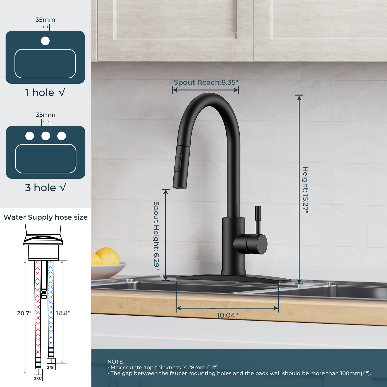 FORIOUS Black Kitchen Faucet with Pull Down Sprayer, High Arc Modern Classic Sink Faucet Stainless Steel with Deck Plate Fit for 1 or 3 Hole for Pot Filler Bar Farmhouse Laundry Rv
