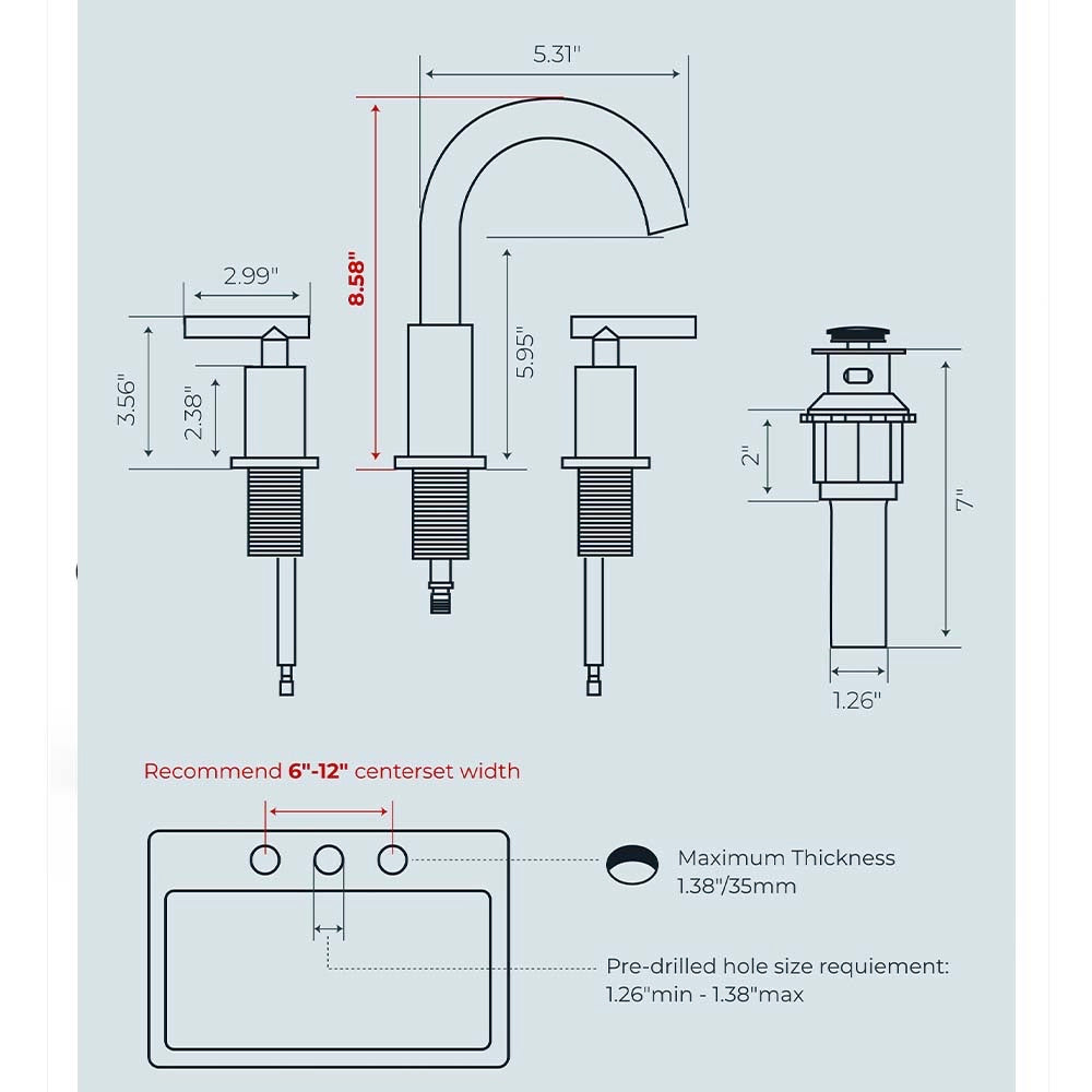 FORIOUS Bathroom Faucet 3 Hole, 8 Inch Widespread Bathroom Faucet with Metal Pop-up Drain Assembly