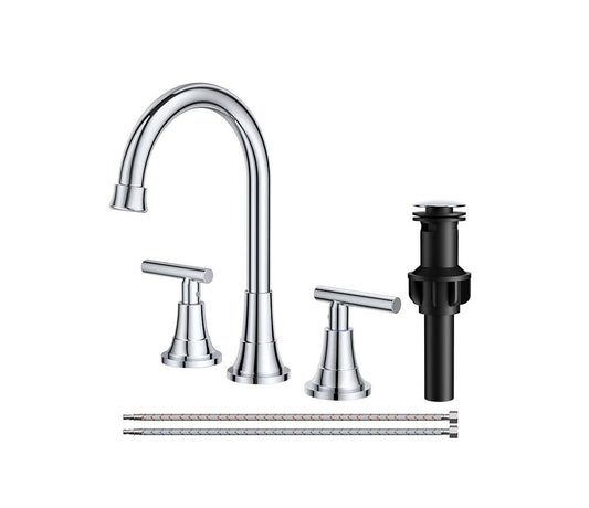 FORIOUS Bathroom Faucet 3 Hole with Pop-up Drain and Hose, Widespread Bathroom Sink Faucet with 360 ° Swivel Spout, Faucet for Bathroom Sink, Vanity