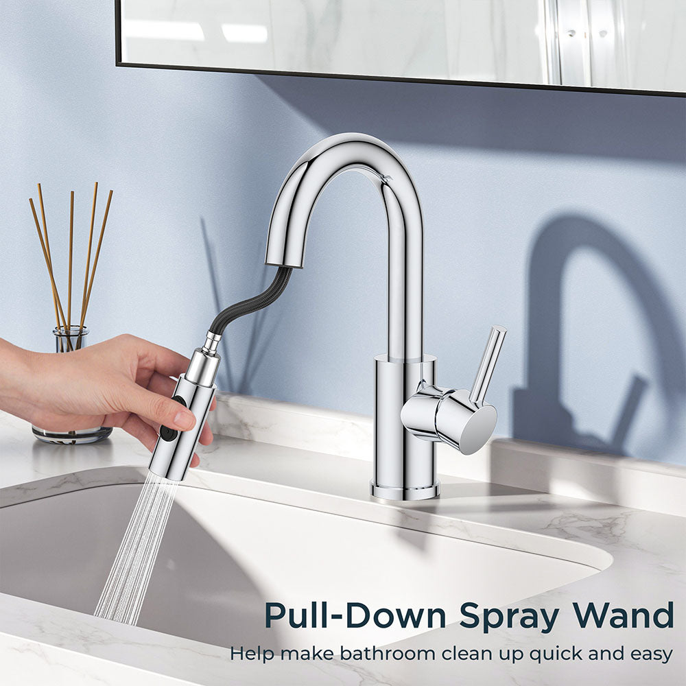 FORIOUS Chrome Bathroom Faucet with Pull Down Sprayer, Single Hole Bar Sink Faucet 1 Hole with Pop Up Drain Hose, Suitable for Bathroom, RV,Vanity, Restroom & Utility Sink