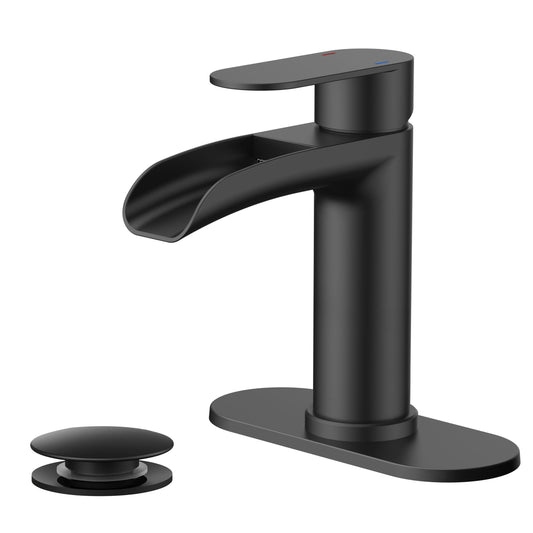 FORIOUS Single Handle Bathroom Faucet 1 Hole Vanity Sink Faucet Matte Black For 1 or 3 hole(4-inch centerset) Sink Setup, Modern Waterfall Spout, with Drain and Supply Lines for RV Vantiy Restroom