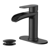 FORIOUS Single Handle Bathroom Faucet 1 Hole Vanity Sink Faucet Matte Black For 1 or 3 hole(4-inch centerset) Sink Setup, Modern Waterfall Spout, with Drain and Supply Lines for RV Vantiy Restroom