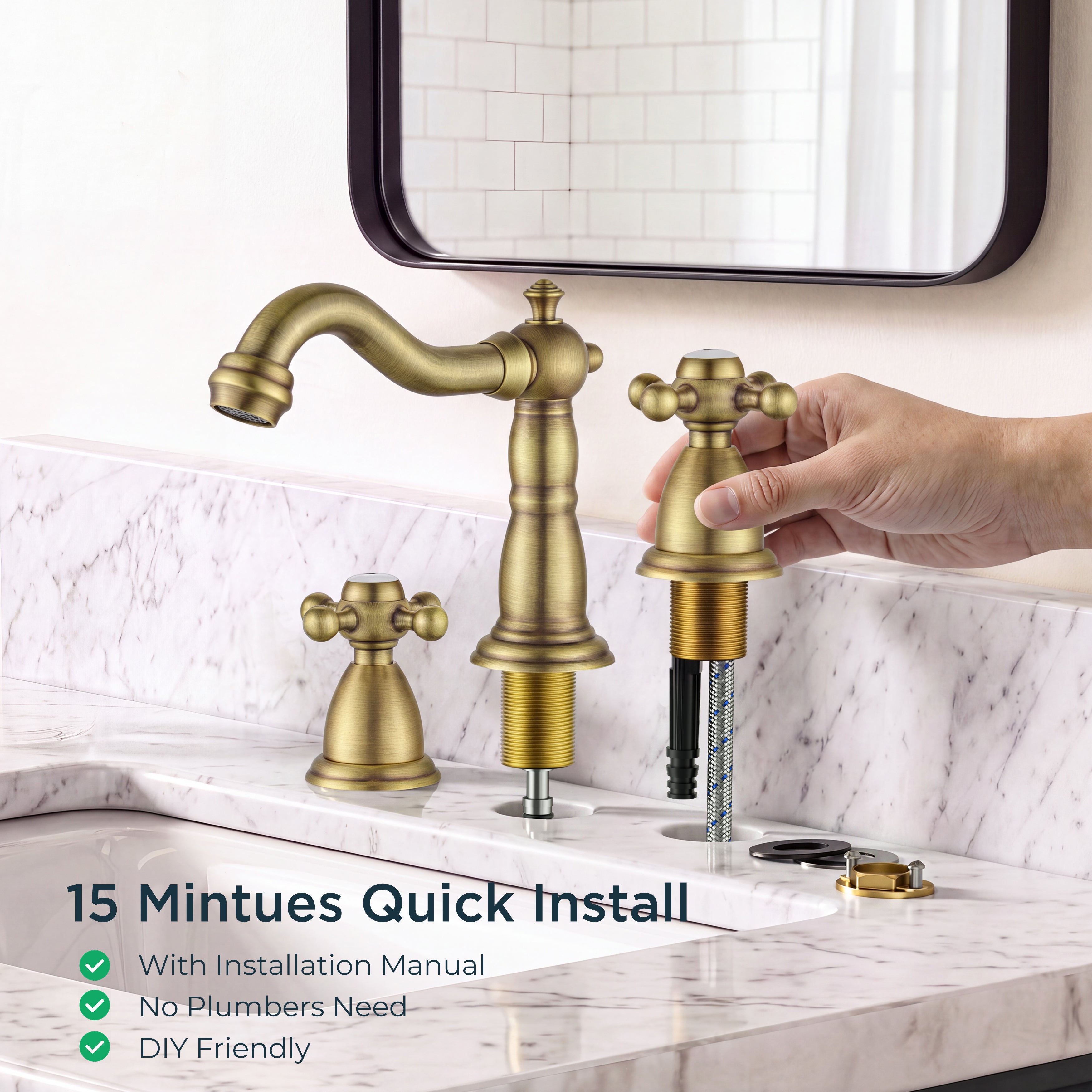 FORIOUS Bathroom Faucet 3 Hole Vintage 8 inch Widespread Sink Antique Brass | 6-12 inch 3-hole Install, 2 Cross Handle Antique Bathroom Sink Faucet for Vanity RV Farmhouse with Drain and Supply Lines
