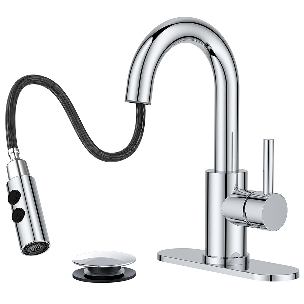 FORIOUS Chrome Bathroom Faucet with Pull Down Sprayer, Single Hole Bar Sink Faucet 1 Hole with Pop Up Drain Hose, Suitable for Bathroom, RV,Vanity, Restroom & Utility Sink