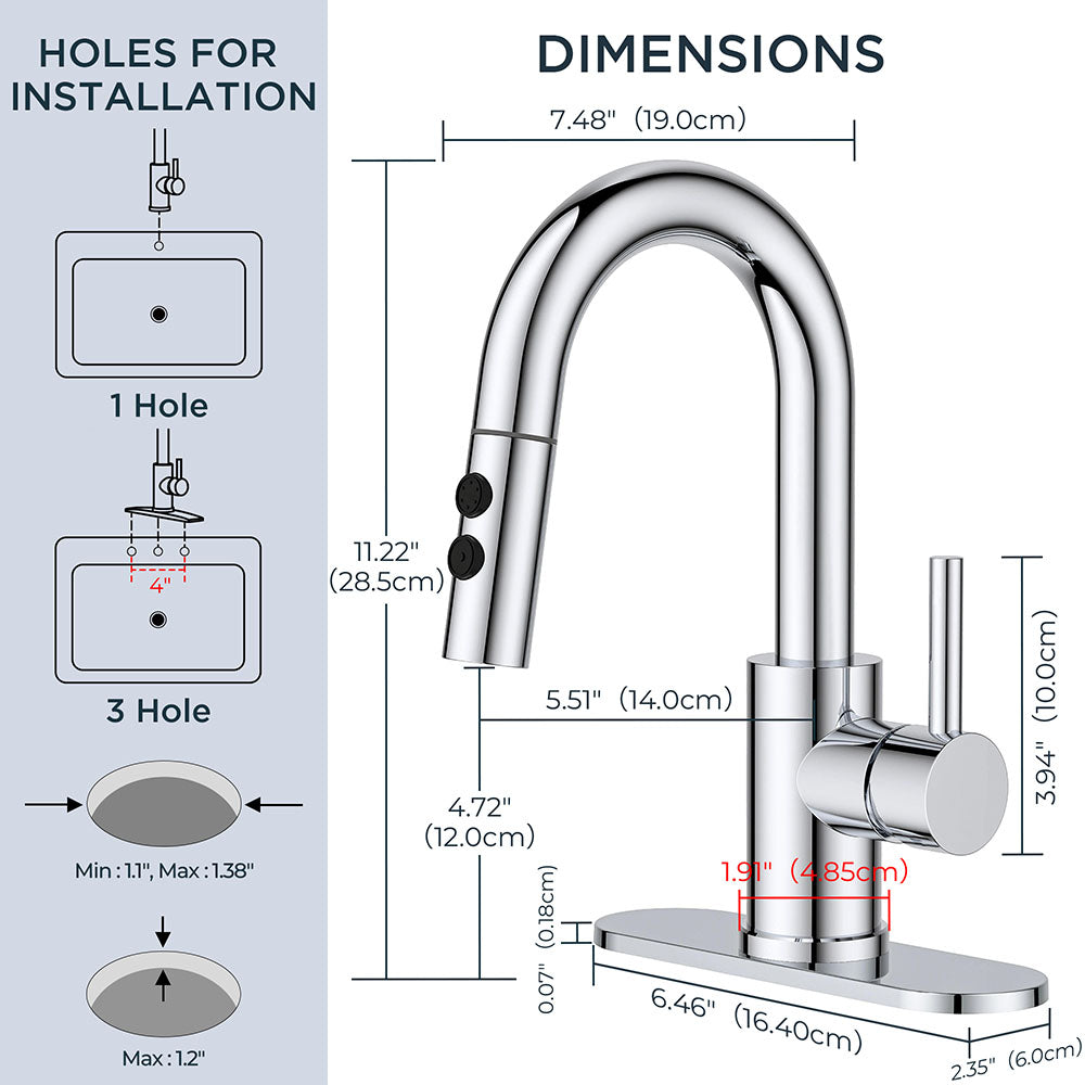 FORIOUS Chrome Bathroom Faucet with Pull Down Sprayer, Single Hole Bar Sink Faucet 1 Hole with Pop Up Drain Hose, Suitable for Bathroom, RV,Vanity, Restroom & Utility Sink