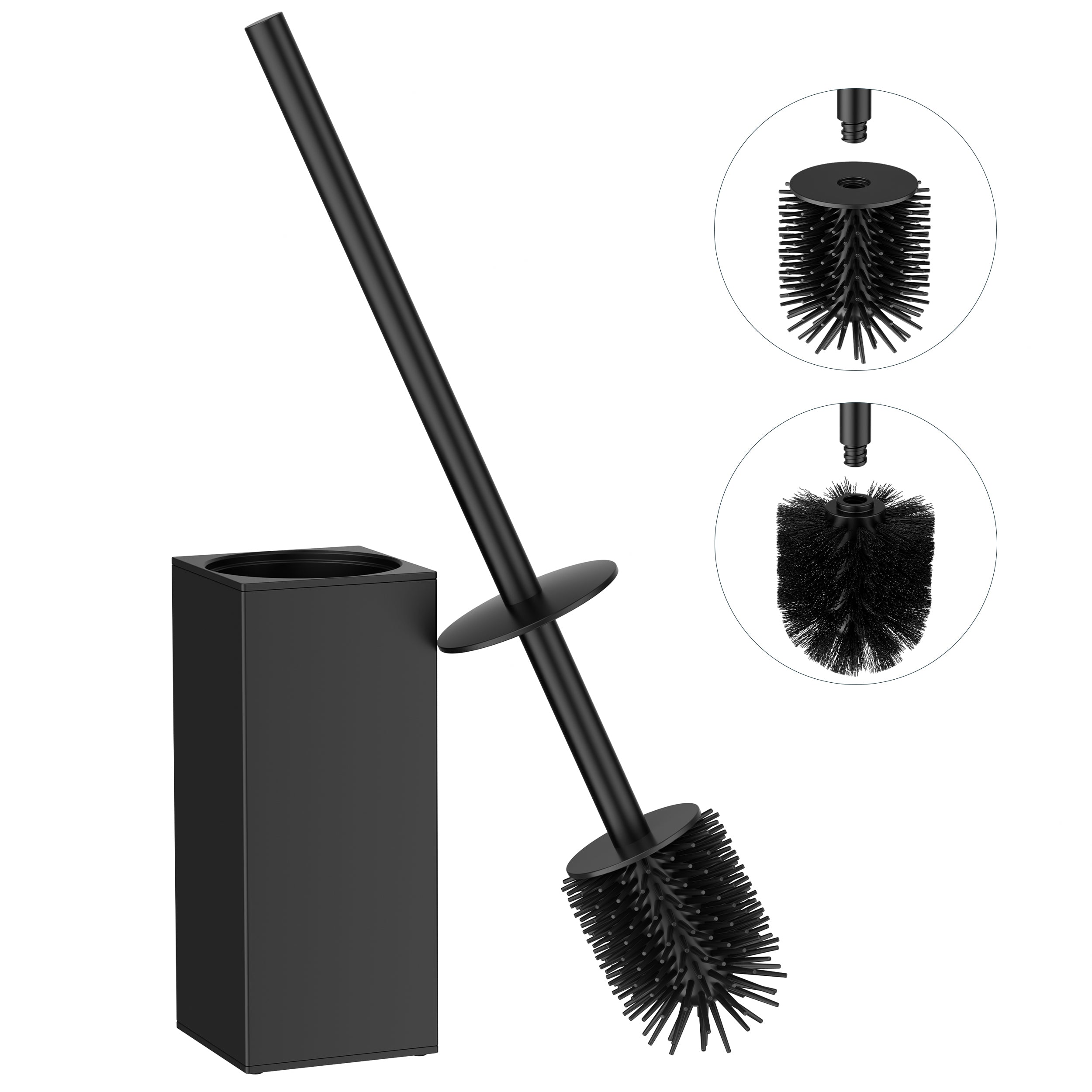 FORIOUS Stainless Steel Toilet Bowl Brush Scrubber and Holder Set Medium Black, Extended Handle, Removable Inner Bowl, Stable Splash Guard, Steel Joint, Scratch‑Resistant Bristles, for Bathroom RV