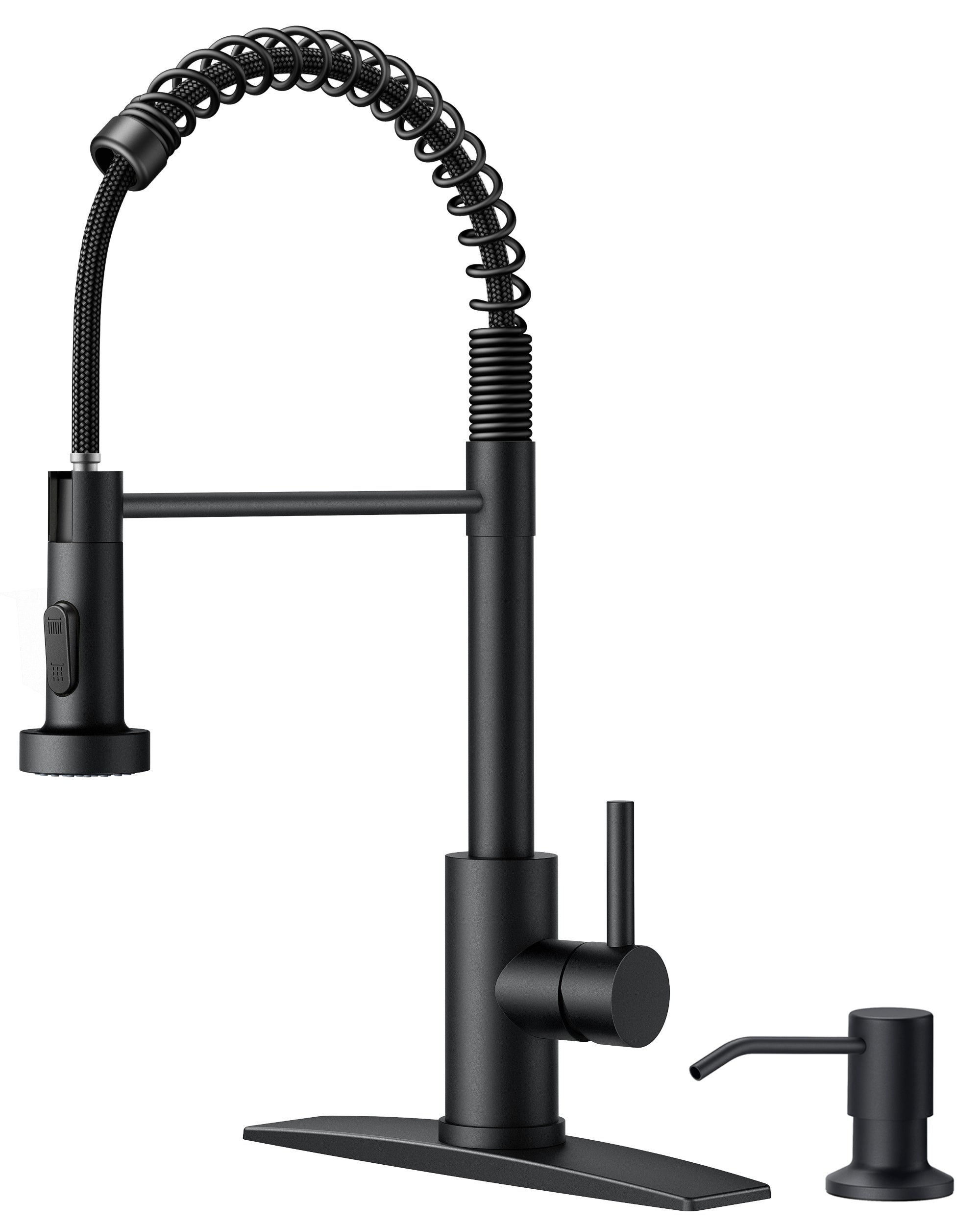 FORIOUS Black Kitchen Faucet with Soap Dispenser, Single Handle Stainless Steel Spring Sink Faucet with Pull Down Sprayer Transitional for Pot Filler, Farmhouse Camper Bar Laundry Room