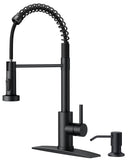 FORIOUS Black Kitchen Faucet with Soap Dispenser, Single Handle Stainless Steel Spring Sink Faucet with Pull Down Sprayer Transitional for Pot Filler, Farmhouse Camper Bar Laundry Room