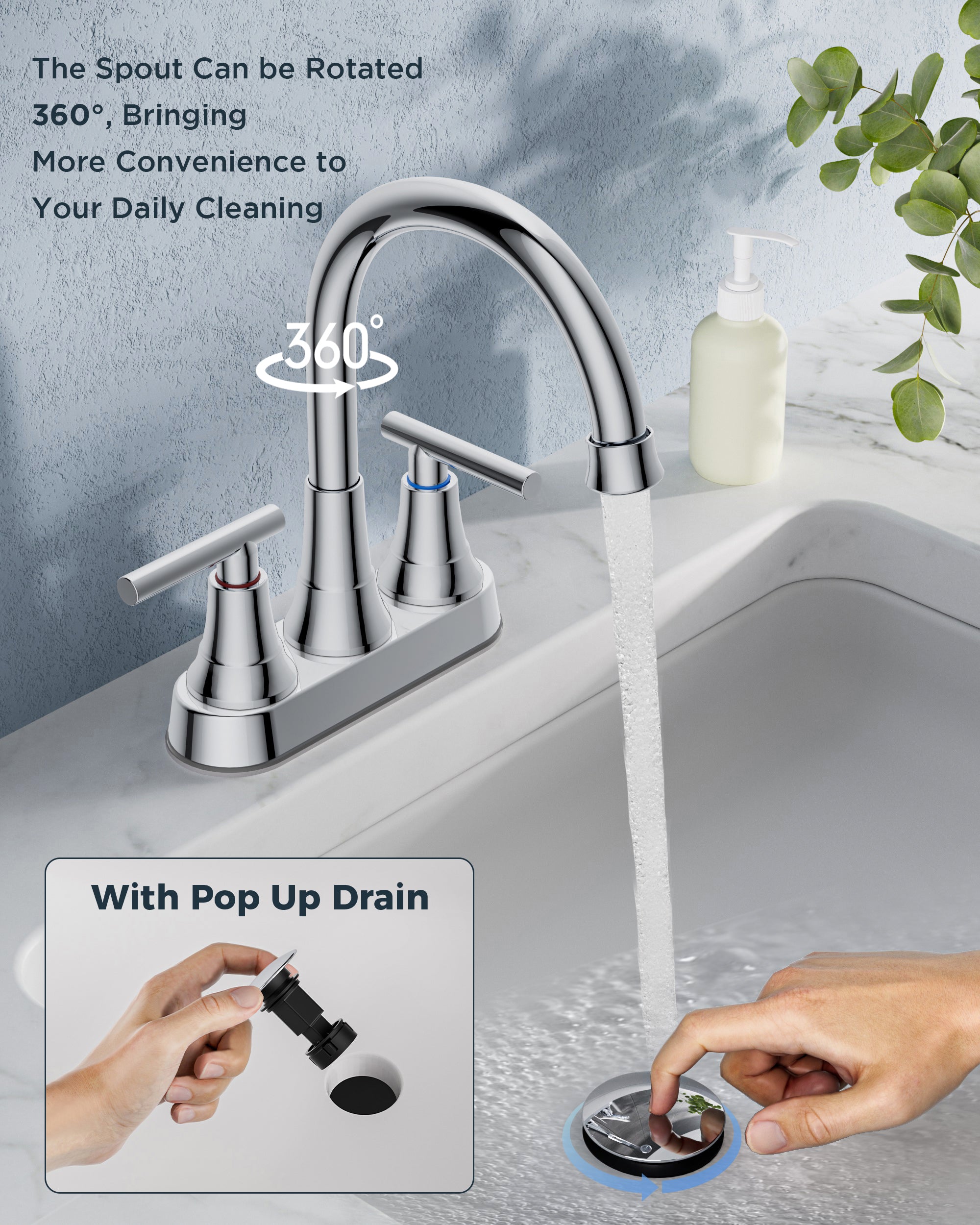 FORIOUS Bathroom Faucet 3 Hole with Pop-up Drain and Hose, Widespread Bathroom Sink Faucet with 360 ° Swivel Spout, Faucet for Bathroom Sink, Vanity