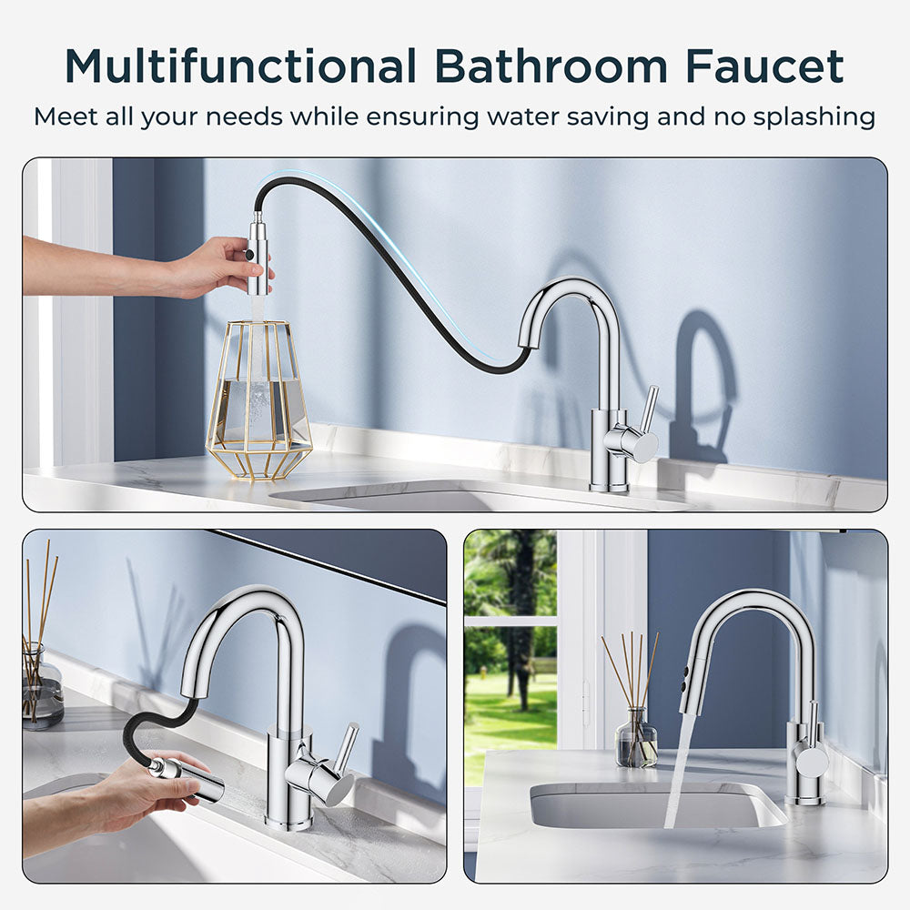 FORIOUS Chrome Bathroom Faucet with Pull Down Sprayer, Single Hole Bar Sink Faucet 1 Hole with Pop Up Drain Hose, Suitable for Bathroom, RV,Vanity, Restroom & Utility Sink