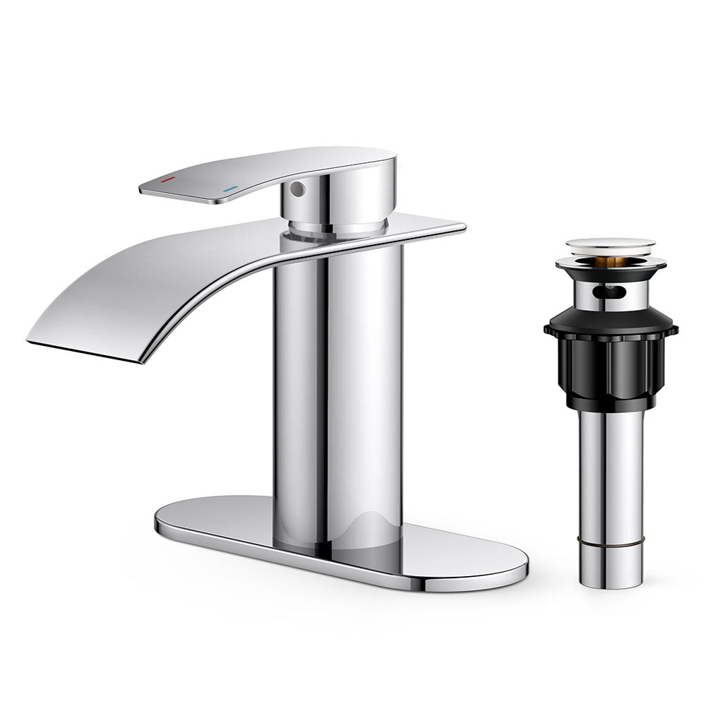 FORIOUS Waterfall Bathroom Faucet 1 Hole with Metal Pop up Drain