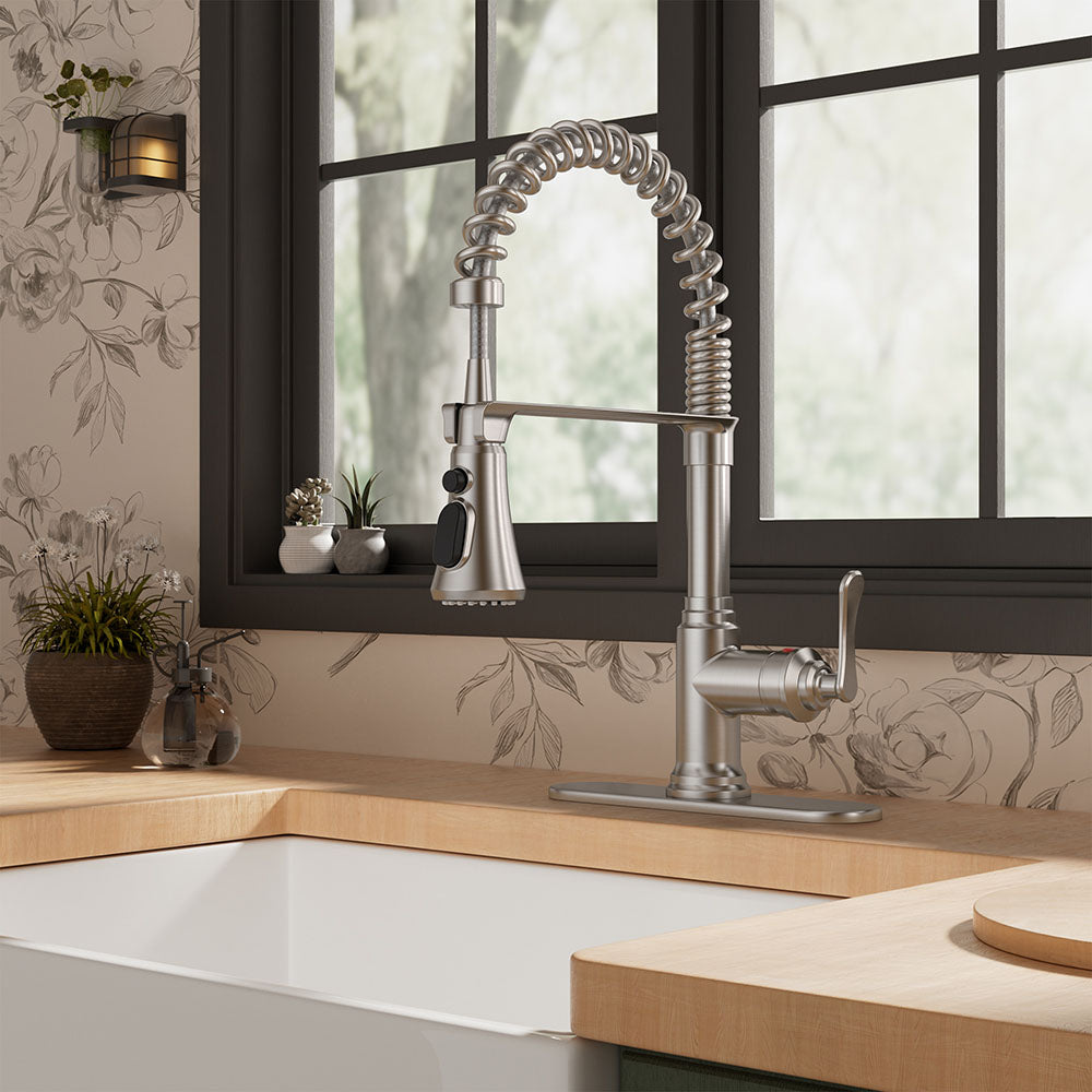 FORIOUS Antique Black Kitchen Faucet with Pull Down Sprayer, 3 Modes Stainless Steel High Arc Vintage Spring Sink Faucet with Deck for One or Three Hole for Kitchen Bar Camper