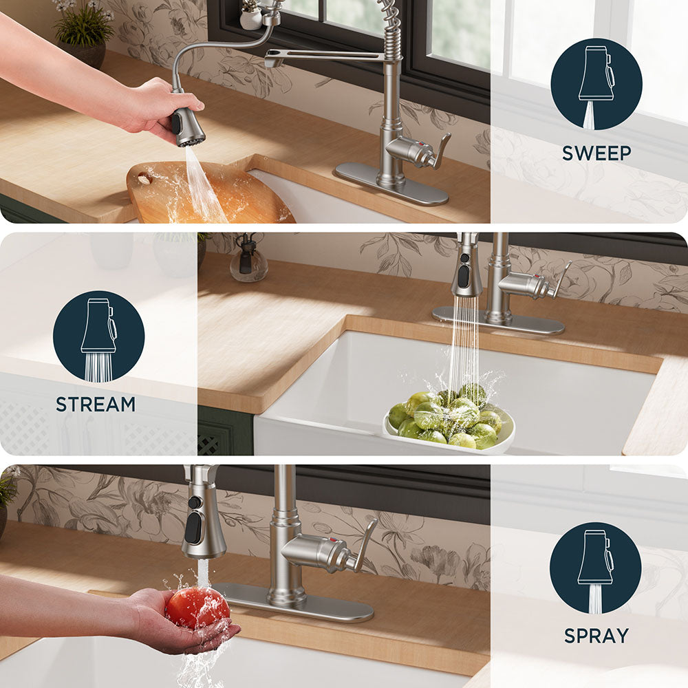 FORIOUS Antique Black Kitchen Faucet with Pull Down Sprayer, 3 Modes Stainless Steel High Arc Vintage Spring Sink Faucet with Deck for One or Three Hole for Kitchen Bar Camper