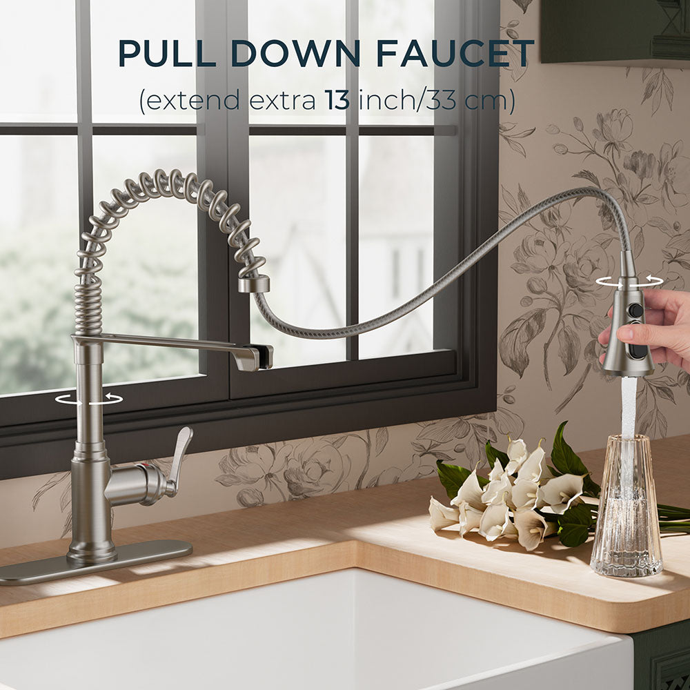 thumbnail image 2 of PHANCIR Kitchen Faucet With Pull Down Sprayer, High Arc Single Handle Kitchen Sink Faucets With Pause Button Premium Brushed Nickel With Deck Plate Suit To 1 Or 3 Holes 2 of 10