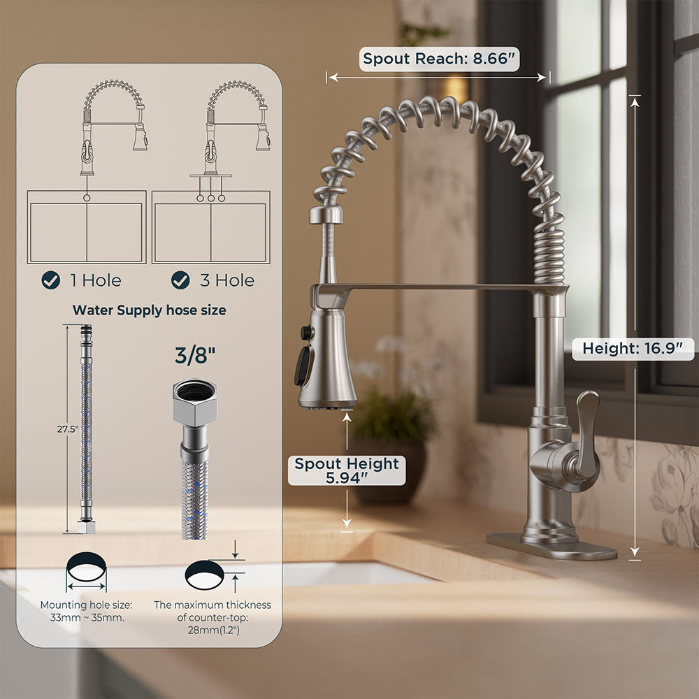FORIOUS Antique Black Kitchen Faucet with Pull Down Sprayer, 3 Modes Stainless Steel High Arc Vintage Spring Sink Faucet with Deck for One or Three Hole for Kitchen Bar Camper