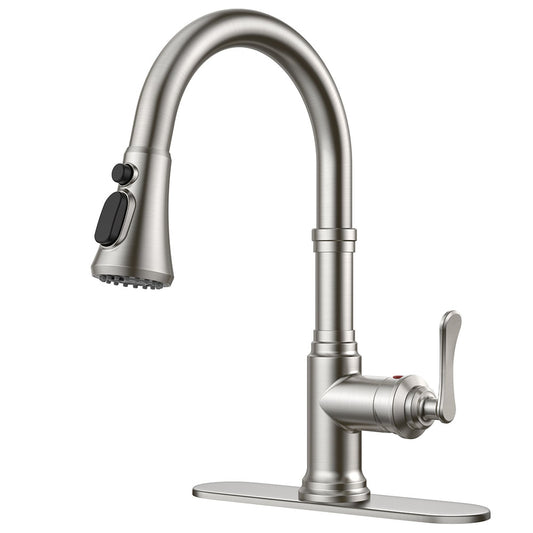 FORIOUS Antique Kitchen Faucets with Pull Down Sprayer Brushed Nickel, 3 in 1 Stainless Steel High Arc Single Handle Sink Faucet for Farmhouse Camper Rv Bar, Fit for 1 or 3 Hole