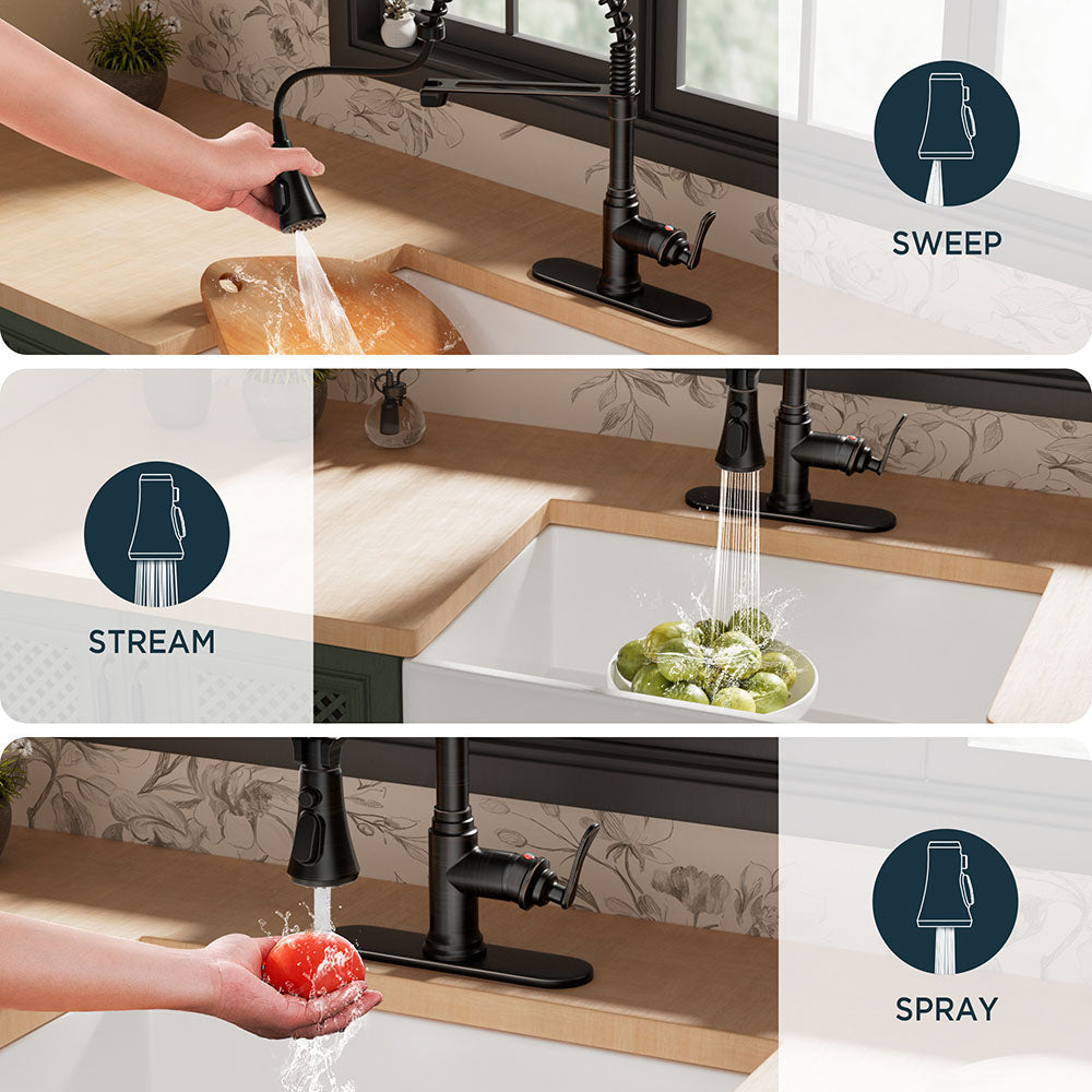 FORIOUS Antique Black Kitchen Faucet with Pull Down Sprayer, 3 Modes Stainless Steel High Arc Vintage Spring Sink Faucet with Deck for One or Three Hole for Kitchen Bar Camper