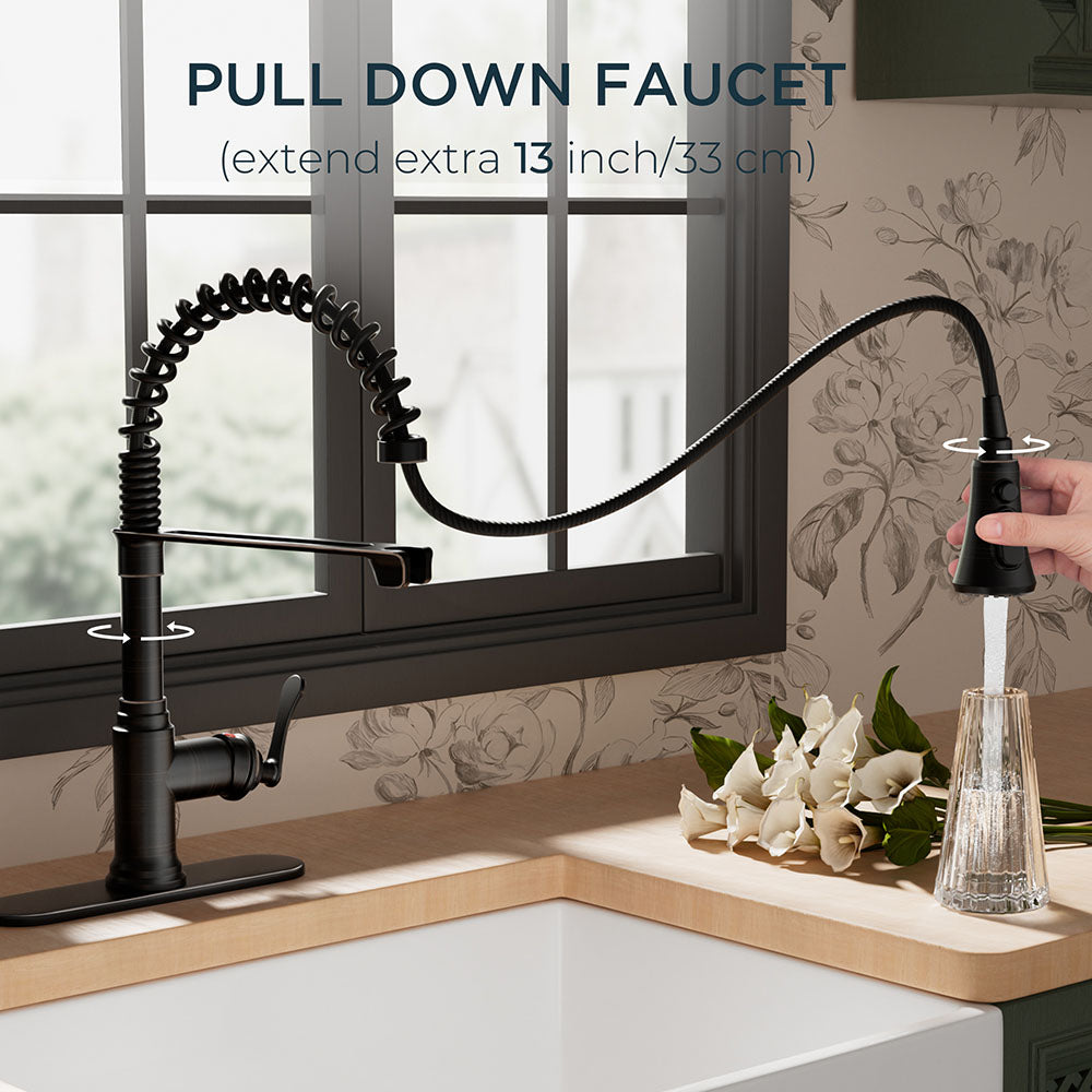 FORIOUS Antique Black Kitchen Faucet with Pull Down Sprayer, 3 Modes Stainless Steel High Arc Vintage Spring Sink Faucet with Deck for One or Three Hole for Kitchen Bar Camper