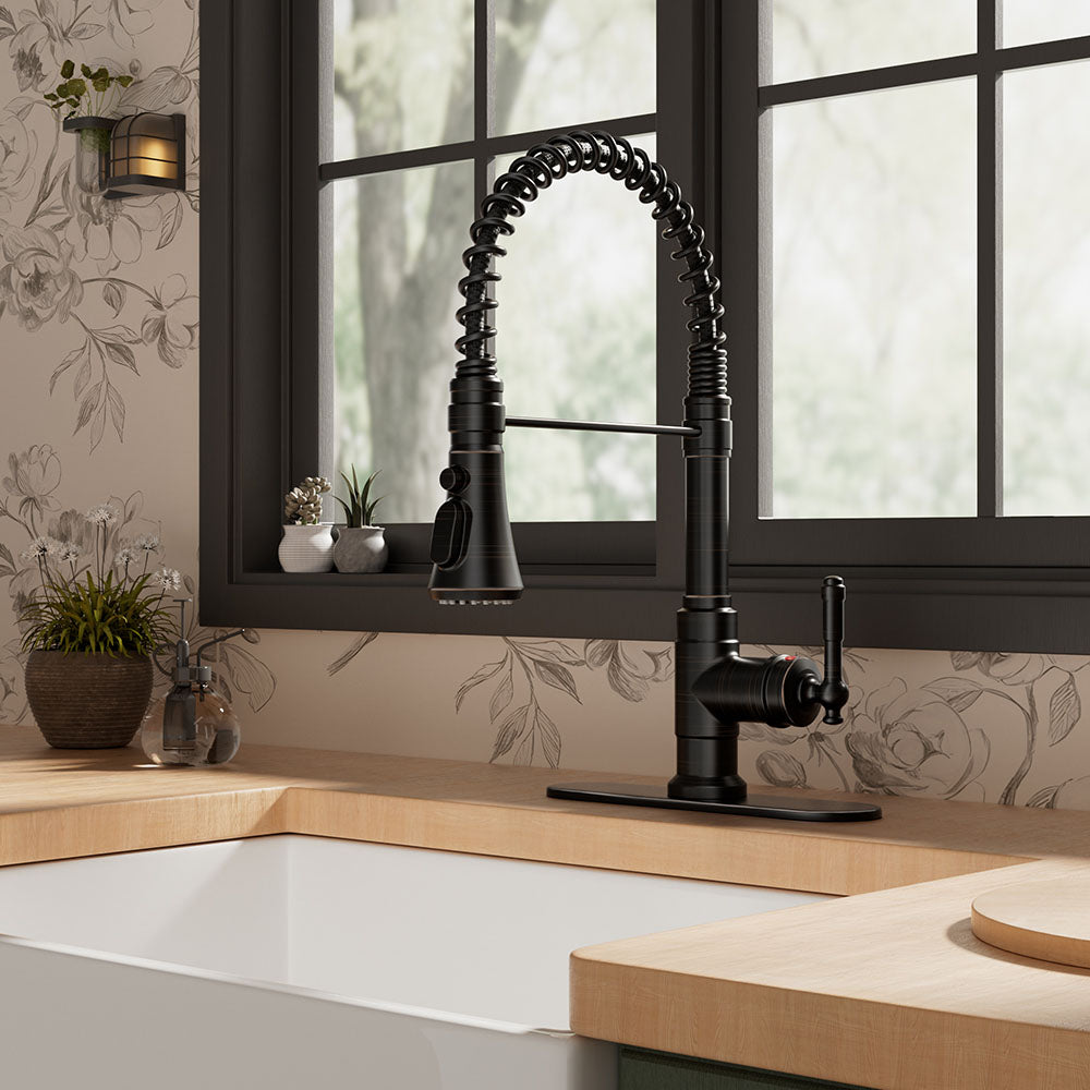 FORIOUS Antique Kitchen Faucet with Pull Down Sprayer, High Arc Single Handle Vintage Spring Sink Faucet 1 or 3 Hole for Farmhouse Camper Laundry Camper RV