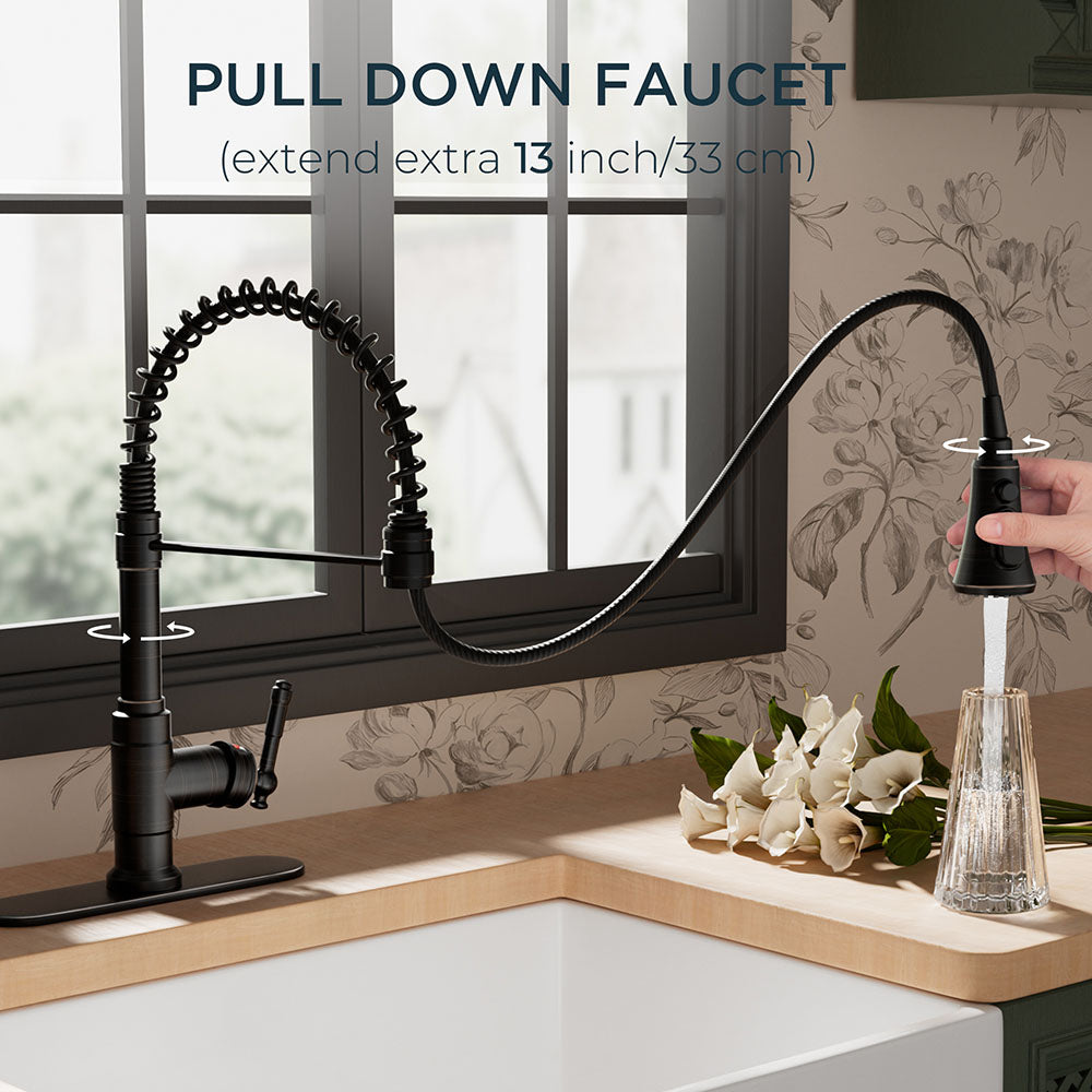 FORIOUS Antique Kitchen Faucet with Pull Down Sprayer, High Arc Single Handle Vintage Spring Sink Faucet 1 or 3 Hole for Farmhouse Camper Laundry Camper RV