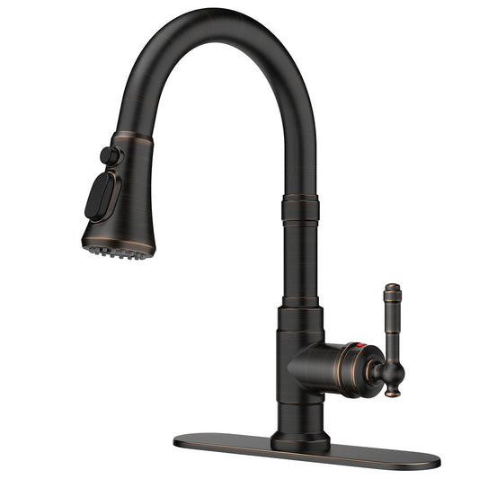 FORIOUS Vintage Kitchen Faucets with Pull Down Sprayer, Oil Rubber Brown, High Arc Single Handle Stainless Steel Antique Pull Out Sink Faucet for Farmhouse Camper Rv Bar, Fit for 1 or 3 Hole