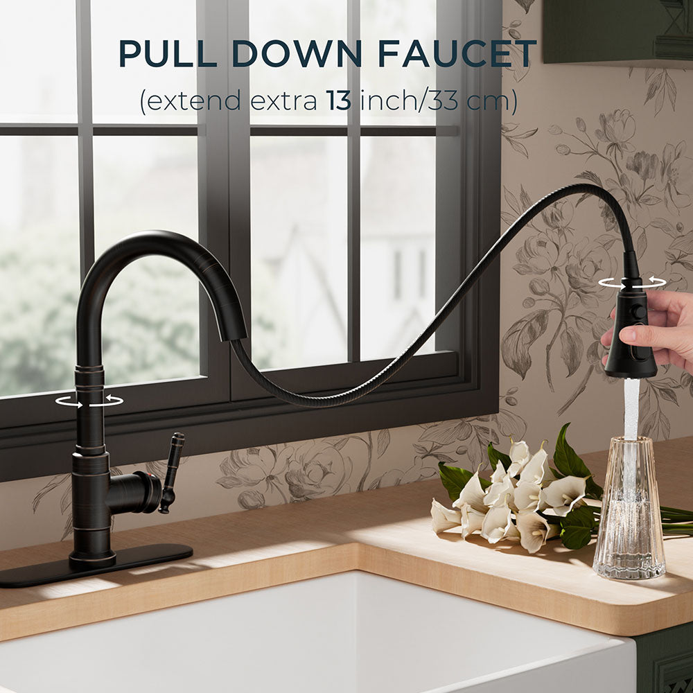 FORIOUS Vintage Kitchen Faucets with Pull Down Sprayer, Oil Rubber Brown, High Arc Single Handle Stainless Steel Antique Pull Out Sink Faucet for Farmhouse Camper Rv Bar, Fit for 1 or 3 Hole