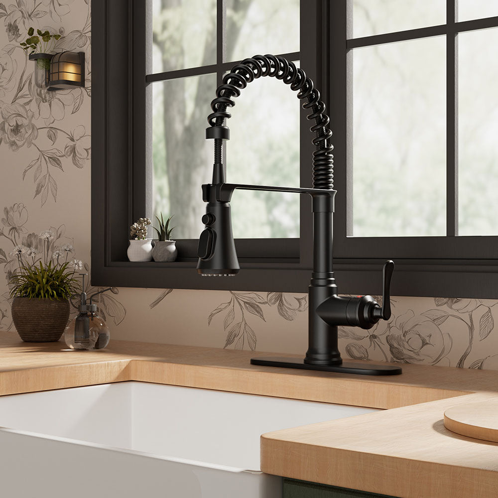 FORIOUS Antique Black Kitchen Faucet with Pull Down Sprayer, 3 Modes Stainless Steel High Arc Vintage Spring Sink Faucet with Deck for One or Three Hole for Kitchen Bar Camper