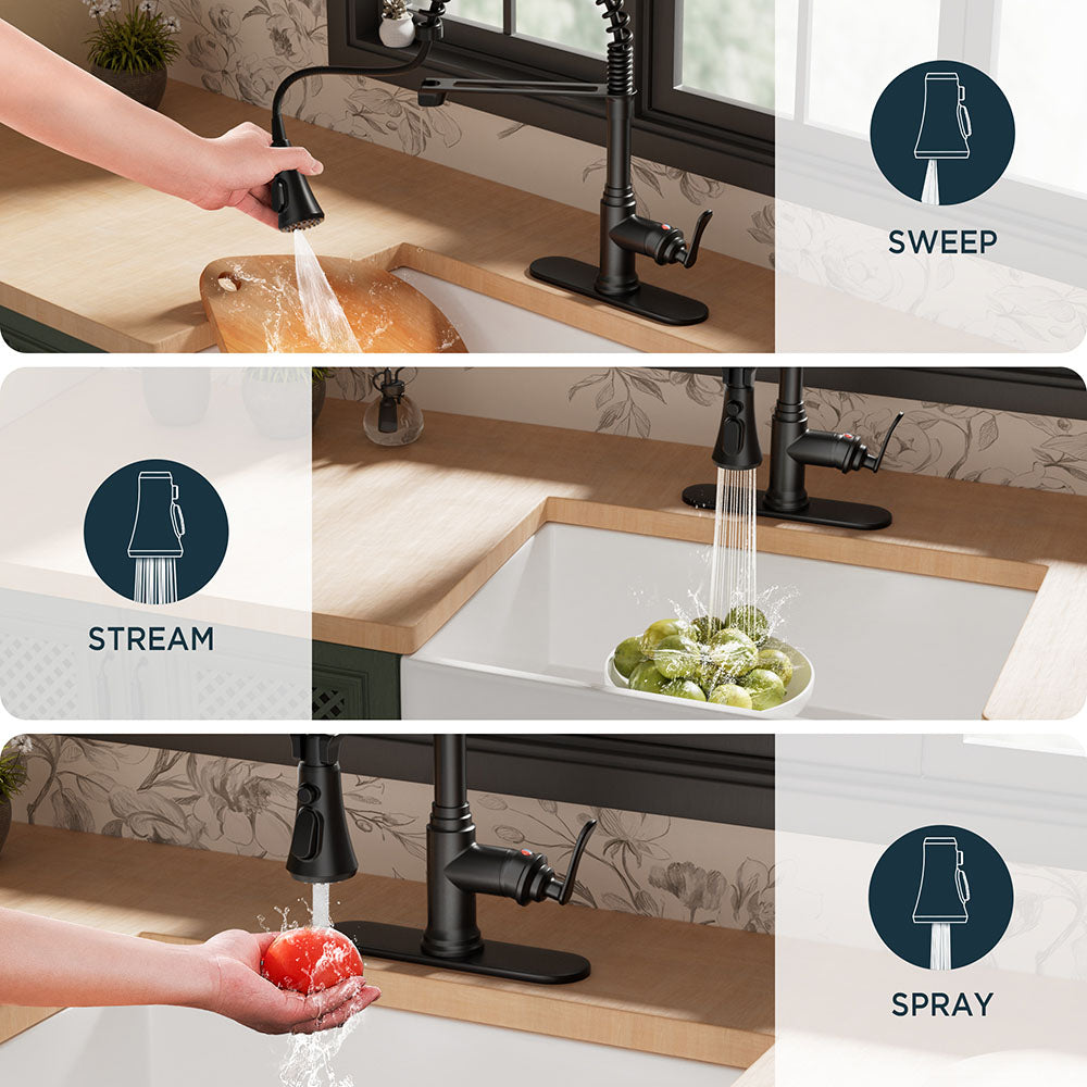 FORIOUS Antique Black Kitchen Faucet with Pull Down Sprayer, 3 Modes Stainless Steel High Arc Vintage Spring Sink Faucet with Deck for One or Three Hole for Kitchen Bar Camper