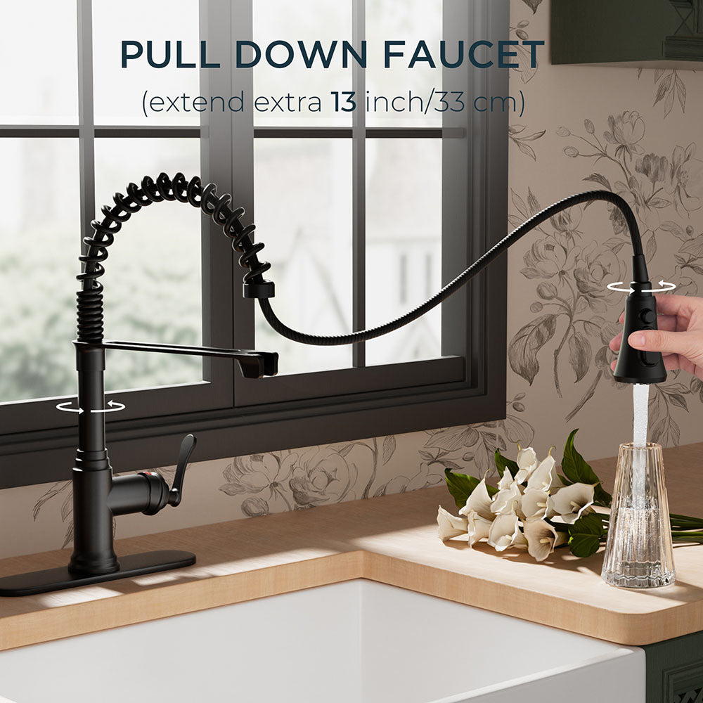 FORIOUS Antique Black Kitchen Faucet with Pull Down Sprayer, 3 Modes Stainless Steel High Arc Vintage Spring Sink Faucet with Deck for One or Three Hole for Kitchen Bar Camper