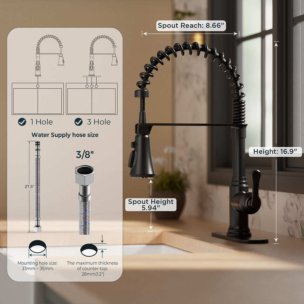 FORIOUS Antique Black Kitchen Faucet with Pull Down Sprayer, 3 Modes Stainless Steel High Arc Vintage Spring Sink Faucet with Deck for One or Three Hole for Kitchen Bar Camper