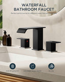 FORIOUS Matte Black Waterfall Bathroom Faucets 3 Hole, 8 Inch Widespread 2 Handles Bathroom Sink Faucet with Pop-up Drain and Flexible Hot and Cold Water Hoses, Suitable for Vanity RV Restroom