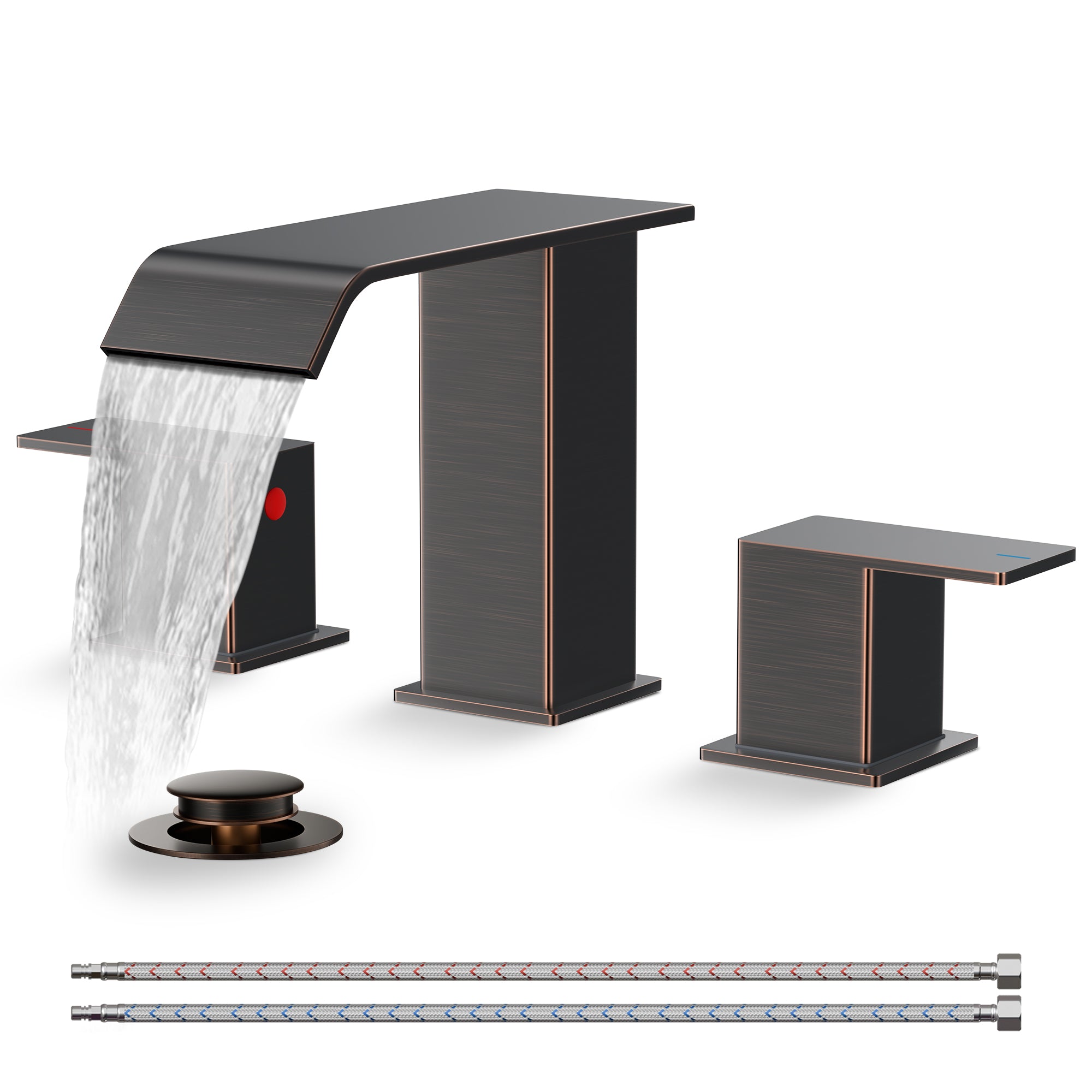 FORIOUS Matte Black Waterfall Bathroom Faucets 3 Hole, 8 Inch Widespread 2 Handles Bathroom Sink Faucet with Pop-up Drain and Flexible Hot and Cold Water Hoses, Suitable for Vanity RV Restroom