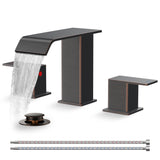 FORIOUS Matte Black Waterfall Bathroom Faucets 3 Hole, 8 Inch Widespread 2 Handles Bathroom Sink Faucet with Pop-up Drain and Flexible Hot and Cold Water Hoses, Suitable for Vanity RV Restroom