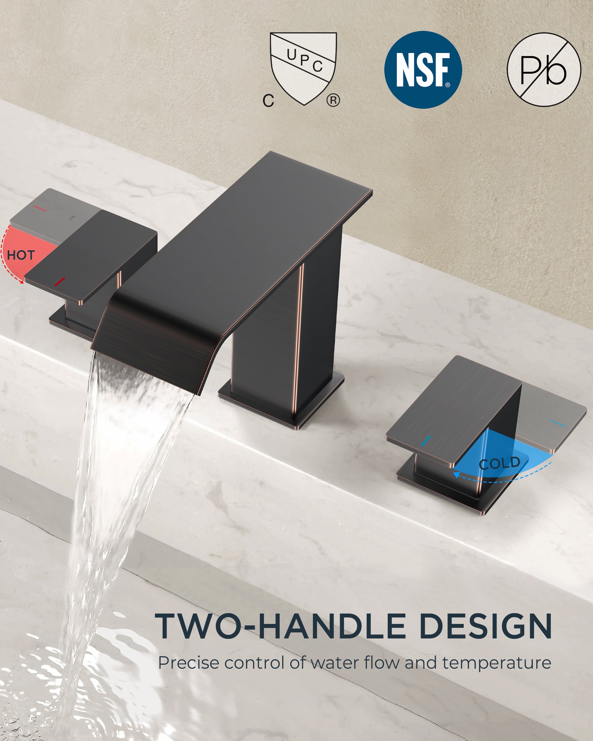 FORIOUS Matte Black Waterfall Bathroom Faucets 3 Hole, 8 Inch Widespread 2 Handles Bathroom Sink Faucet with Pop-up Drain and Flexible Hot and Cold Water Hoses, Suitable for Vanity RV Restroom