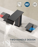 FORIOUS Matte Black Waterfall Bathroom Faucets 3 Hole, 8 Inch Widespread 2 Handles Bathroom Sink Faucet with Pop-up Drain and Flexible Hot and Cold Water Hoses, Suitable for Vanity RV Restroom