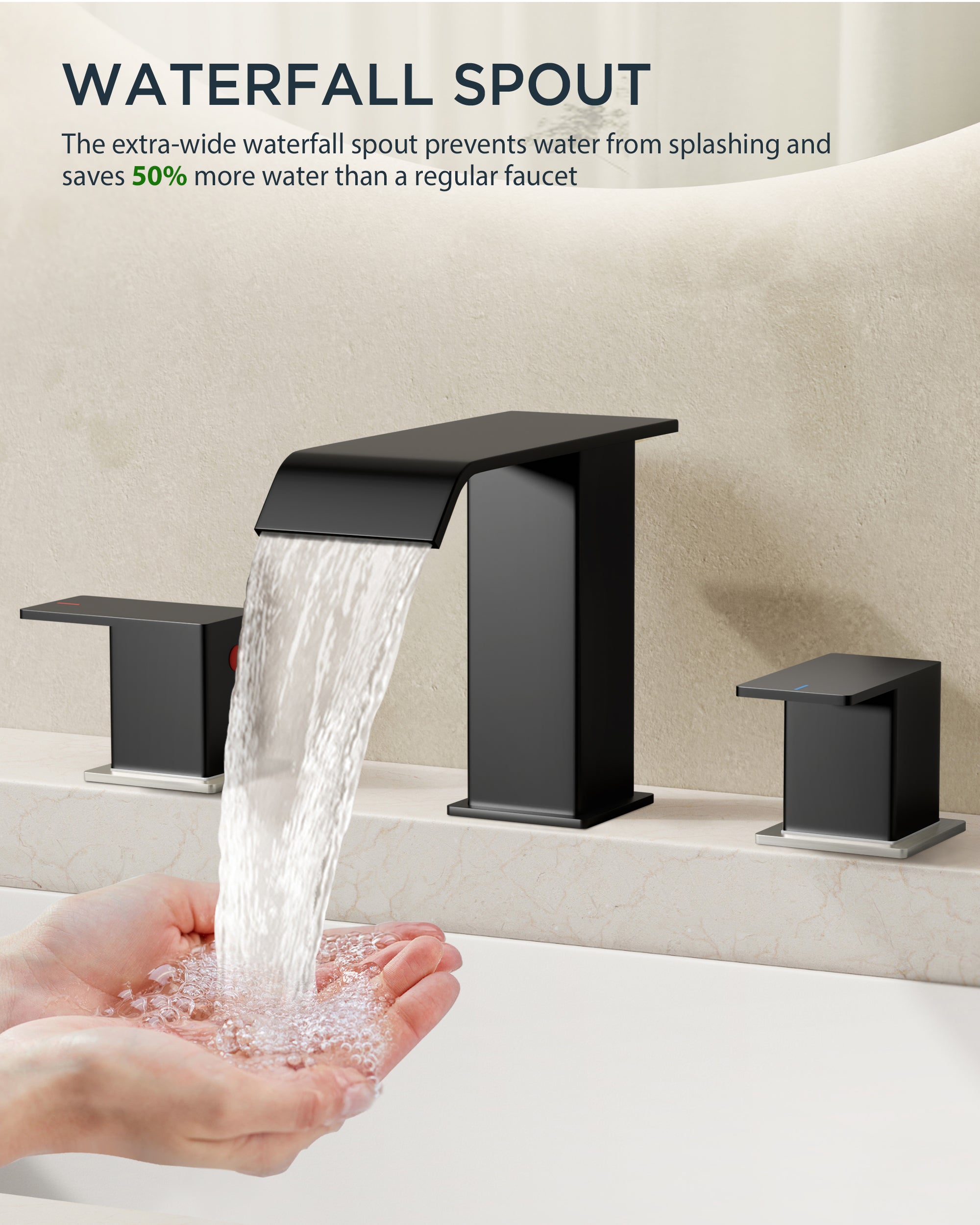 FORIOUS Matte Black Waterfall Bathroom Faucets 3 Hole, 8 Inch Widespread 2 Handles Bathroom Sink Faucet with Pop-up Drain and Flexible Hot and Cold Water Hoses, Suitable for Vanity RV Restroom