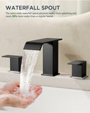 FORIOUS Matte Black Waterfall Bathroom Faucets 3 Hole, 8 Inch Widespread 2 Handles Bathroom Sink Faucet with Pop-up Drain and Flexible Hot and Cold Water Hoses, Suitable for Vanity RV Restroom