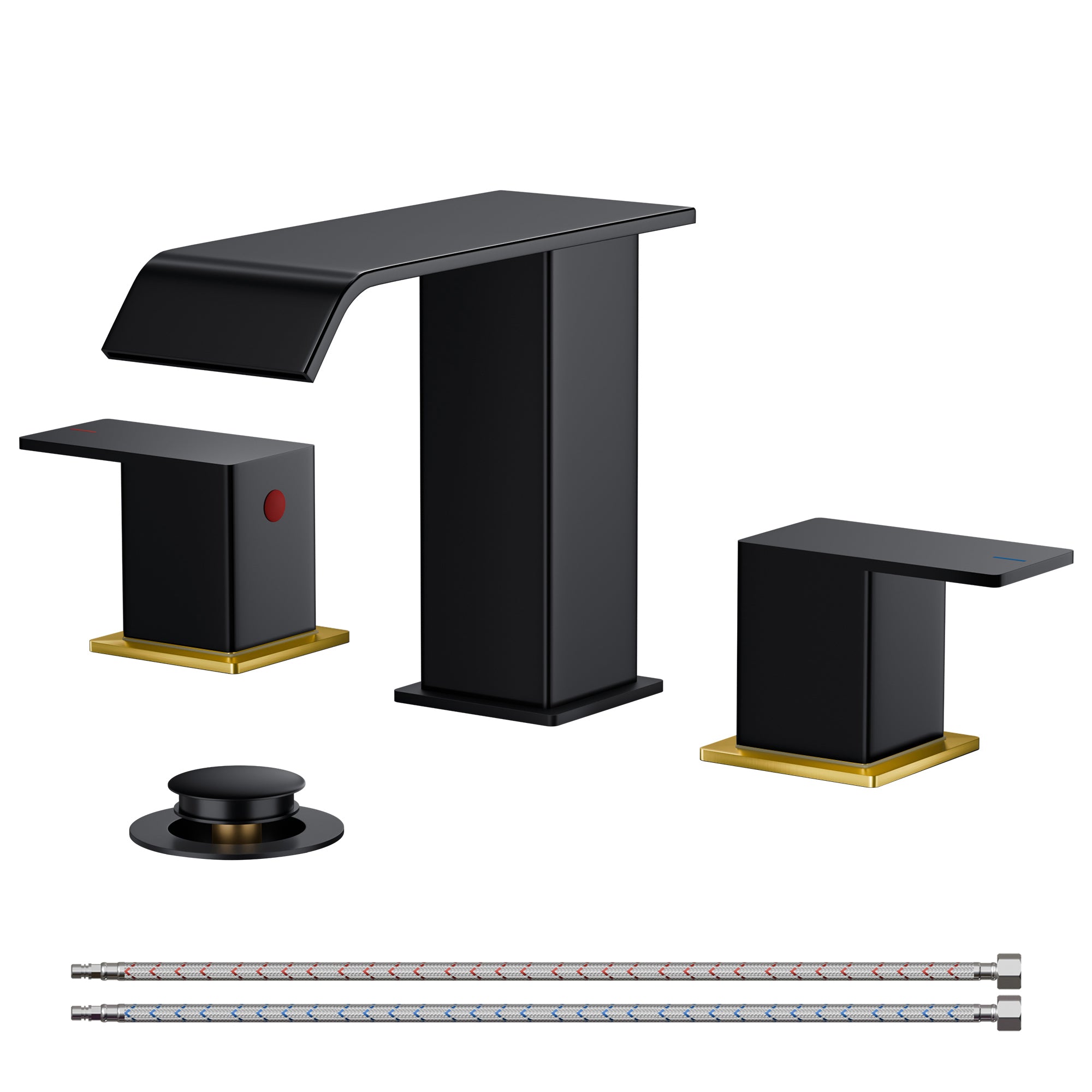 FORIOUS Matte Black Waterfall Bathroom Faucets 3 Hole, 8 Inch Widespread 2 Handles Bathroom Sink Faucet with Pop-up Drain and Flexible Hot and Cold Water Hoses, Suitable for Vanity RV Restroom