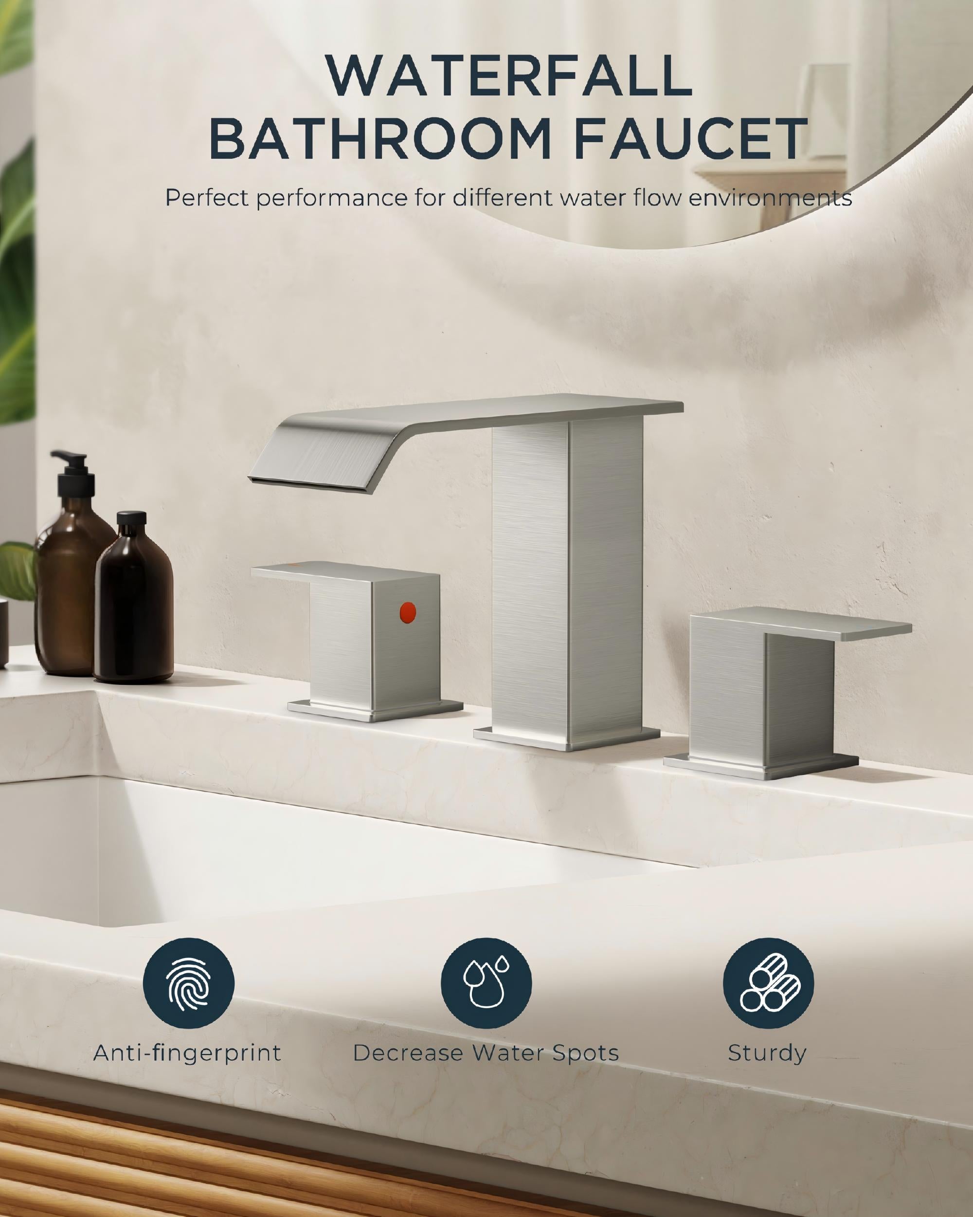 FORIOUS Matte Black Waterfall Bathroom Faucets 3 Hole, 8 Inch Widespread 2 Handles Bathroom Sink Faucet with Pop-up Drain and Flexible Hot and Cold Water Hoses, Suitable for Vanity RV Restroom