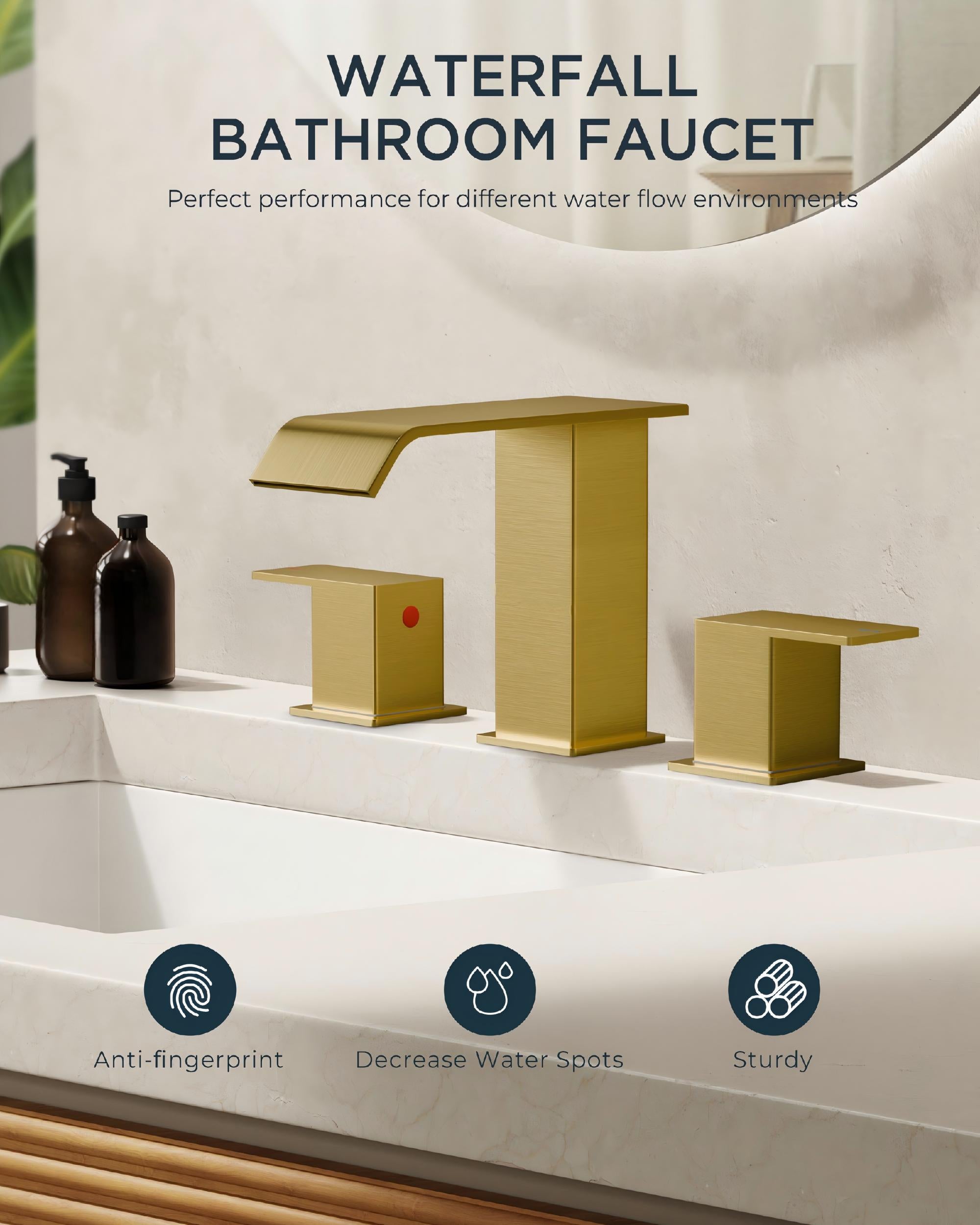 FORIOUS Matte Black Waterfall Bathroom Faucets 3 Hole, 8 Inch Widespread 2 Handles Bathroom Sink Faucet with Pop-up Drain and Flexible Hot and Cold Water Hoses, Suitable for Vanity RV Restroom
