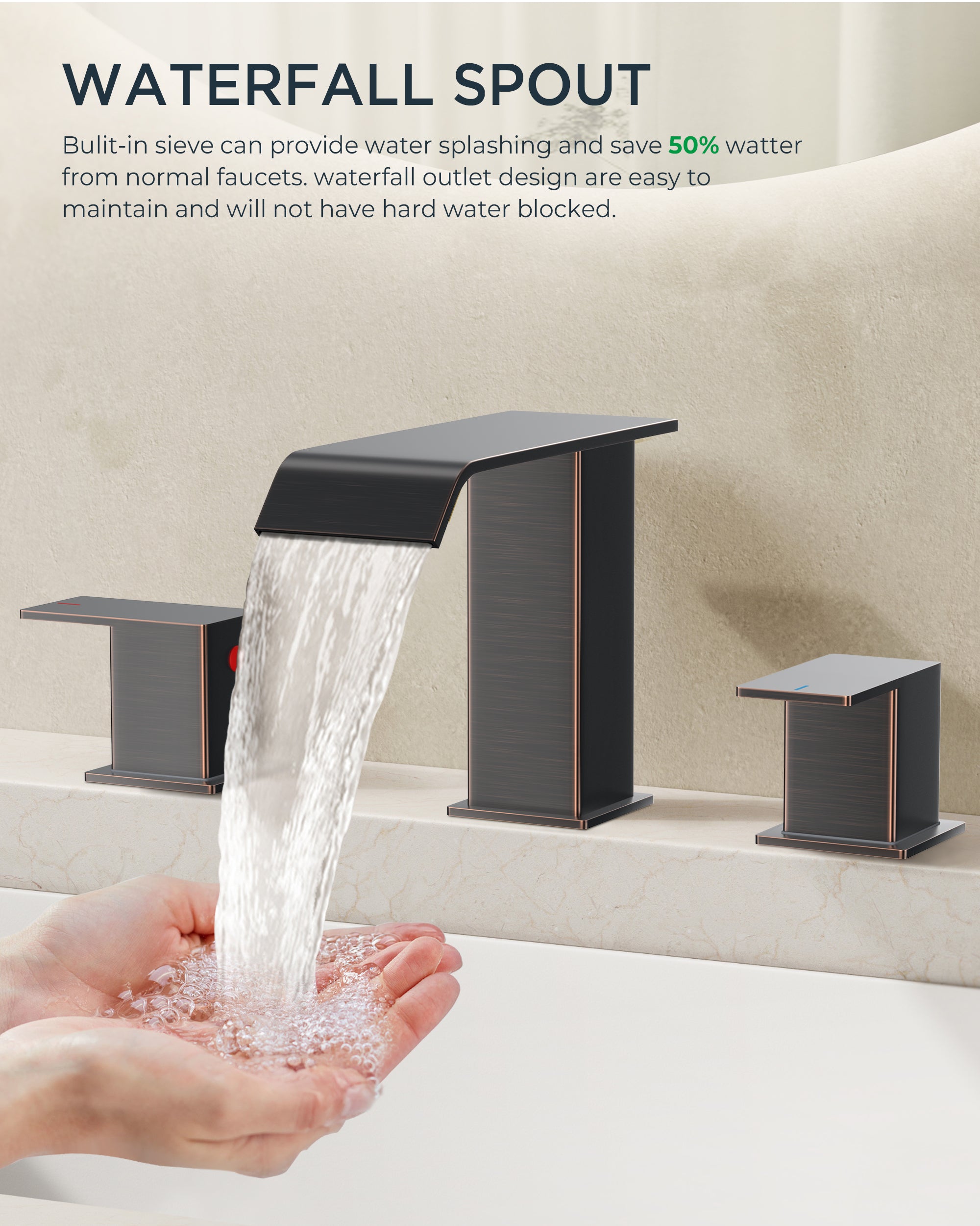 FORIOUS Matte Black Waterfall Bathroom Faucets 3 Hole, 8 Inch Widespread 2 Handles Bathroom Sink Faucet with Pop-up Drain and Flexible Hot and Cold Water Hoses, Suitable for Vanity RV Restroom