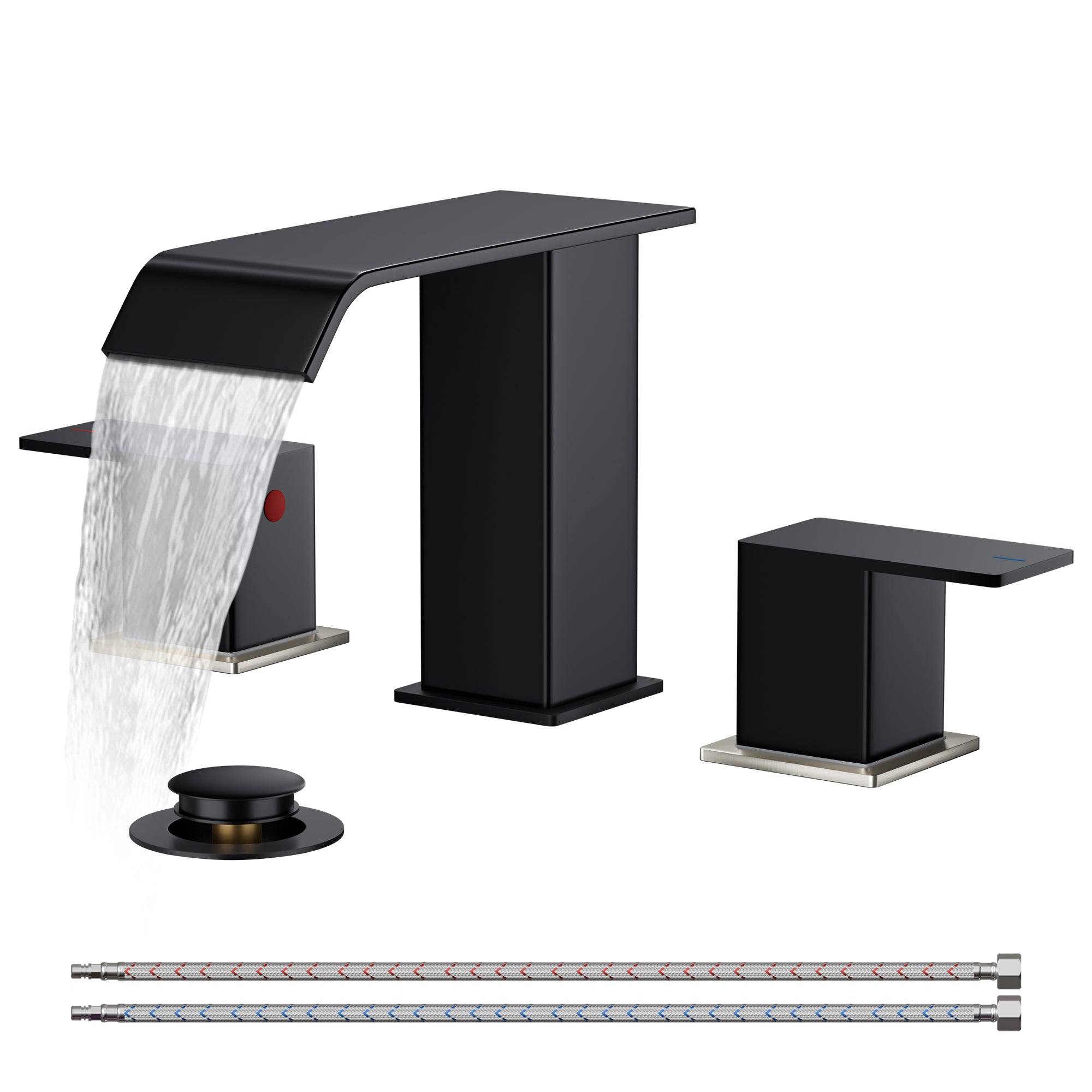 FORIOUS Matte Black Waterfall Bathroom Faucets 3 Hole, 8 Inch Widespread 2 Handles Bathroom Sink Faucet with Pop-up Drain and Flexible Hot and Cold Water Hoses, Suitable for Vanity RV Restroom