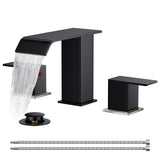 FORIOUS Matte Black Waterfall Bathroom Faucets 3 Hole, 8 Inch Widespread 2 Handles Bathroom Sink Faucet with Pop-up Drain and Flexible Hot and Cold Water Hoses, Suitable for Vanity RV Restroom